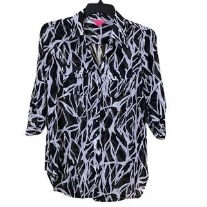 Sunny Leigh Black & White Sheer Graphic Print Button Down Blouse Size Small